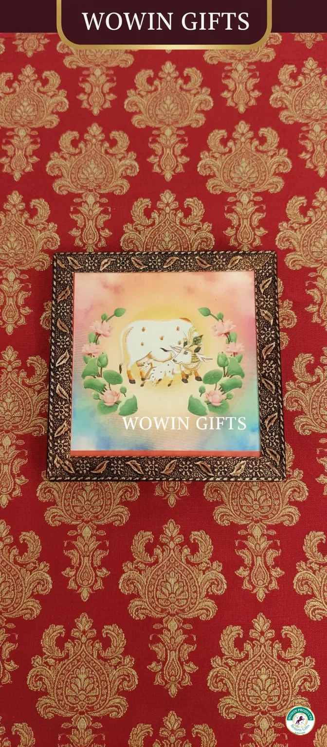Custom pichwai print on wooden box return gift