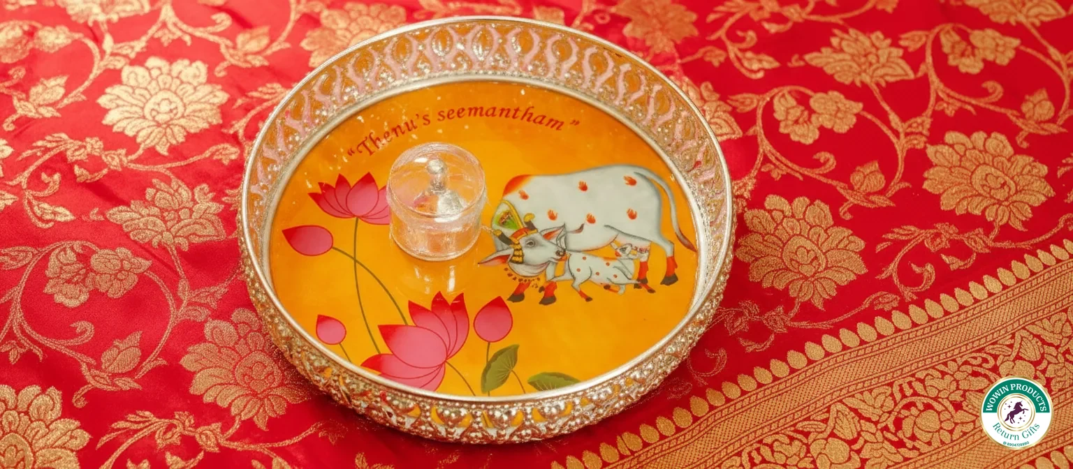 Custom Seemantham tray with name Thenu's seemantham