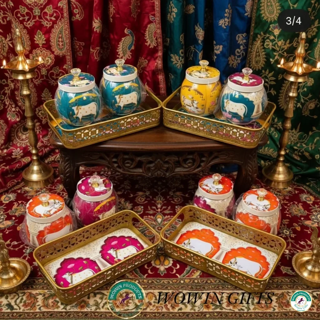 Pichwai jars with metal trays combo return gift