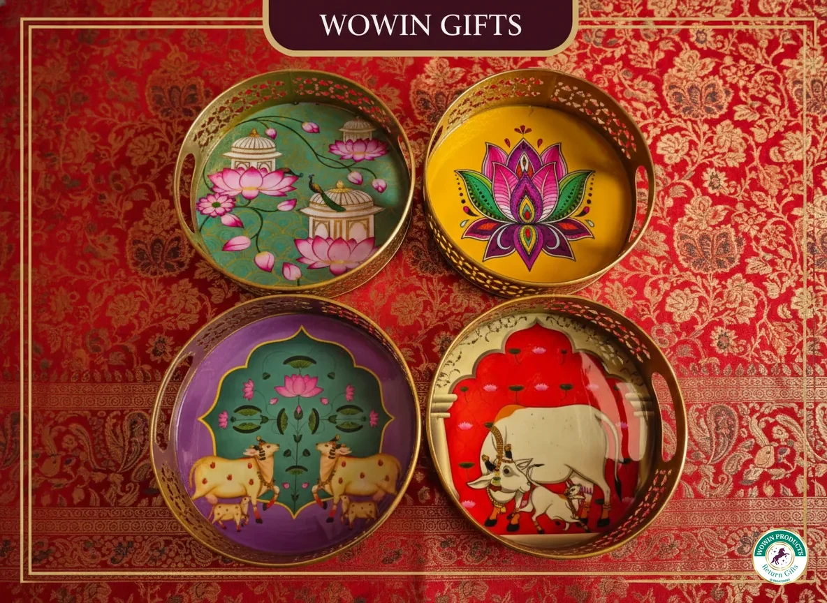 Metal tray with chakri box return gift